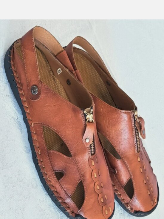 NEW Men\'s Leather Slip-on Sandals Hand-Stitched Size 11.5 Brown